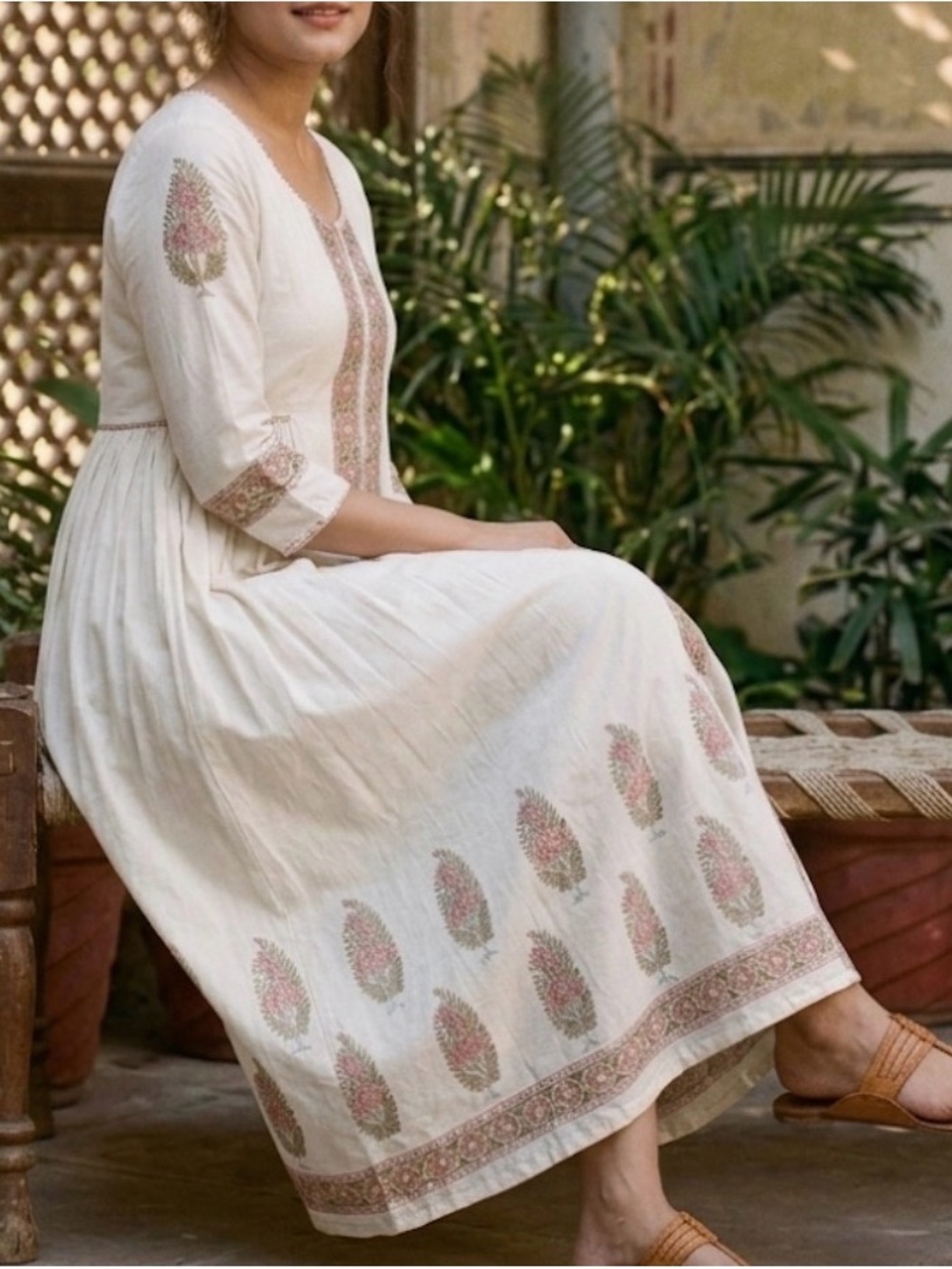 Indian Cotton Hand Block Print Maxi Dress Boho Floral Anarkali Gown Small